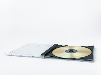 Opened box with recordable optical laser disc isolated on white background