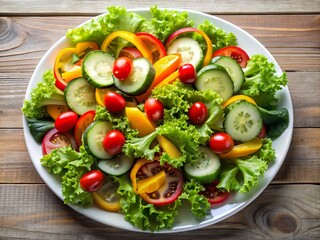 Fresh green salad composed of crisp lettuce, juicy tomatoes, crunchy cucumbers, and vibrant bell peppers, artistically arranged on a pristine white plate from above.