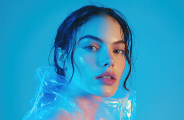 Naklejka premium A portrait of an attractive woman with blue translucent skin, wearing a transparent raincoat made from clear plastic material