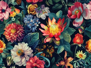 Colorful Floral Pattern on Dark Background