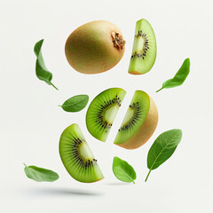 Fototapeta premium Kiwi with half slices falling, on white background