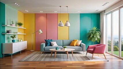 Vibrant pastel hues converge on a bold accent wall, radiating a mesmerizing visual impact in a minimalist space, energizing the atmosphere with kaleidoscopic charm.