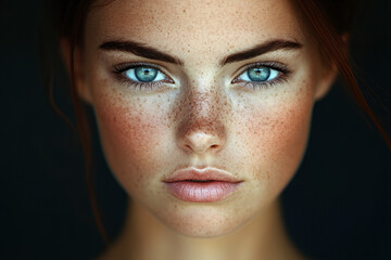 Portrait of a Young Woman with Freckles, Blue Eyes, and a Radiant Smile in Soft Natural Light, Highlighting Her Youthful Beauty and Cheerful Expression