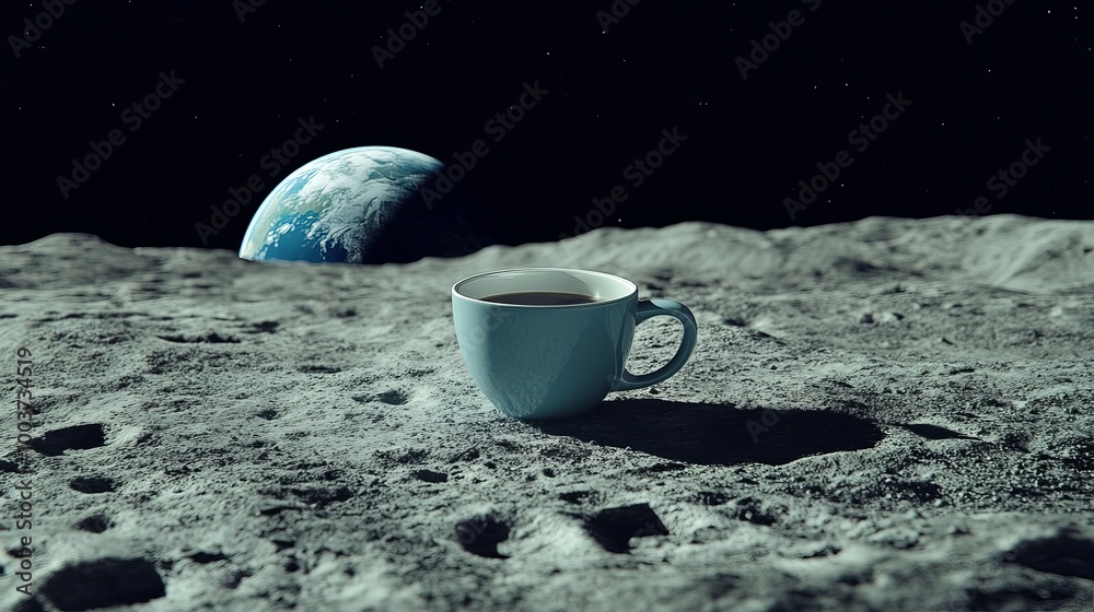 Canvas Prints a striking image features a coffee cup resting on the lunar surface of the moon, with the magnificen