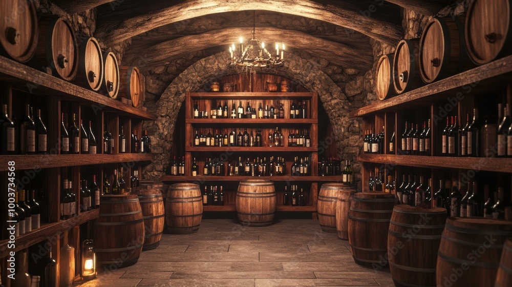 Poster a cozy wine cellar showcasing wooden barrels and shelves brimming with various wine bottles in a rus