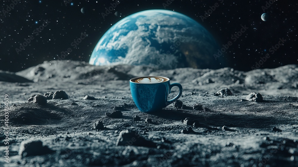 Canvas Prints a striking image features a coffee cup resting on the lunar surface of the moon, with the magnificen