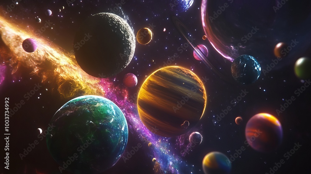 Wall mural an artist's view of our solar system showcases a vibrant array of colorful planets, each uniquely de
