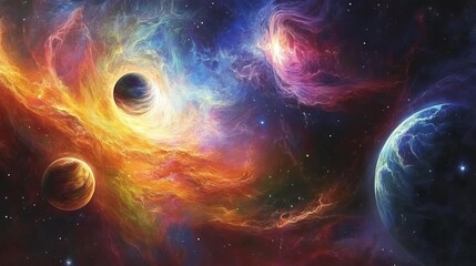 An artist's view of our solar system showcases a vibrant array of colorful planets, each uniquely designed with swirling gases and striking textures.