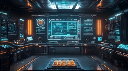 Obraz premium Automated quality control in a futuristic factory, glowing holographic interfaces, advanced AI robotic arms scan food items, metallic textures, Steampunk, Photo-realism