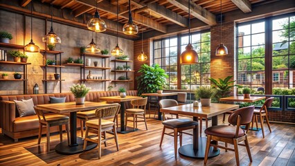 Fototapeta premium Cozy coffee shop interior featuring rustic wooden table and chairs, surrounded by warm lighting, comfortable seating area, and modern decor, awaiting customers.