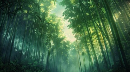 Naklejka premium Serene Bamboo Forest with Soft Sunlight Filtering Through