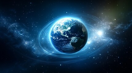 Fototapeta premium A dark blue vector background features a striking depiction of Planet Earth at the center, surrounded by abstract technological rings.