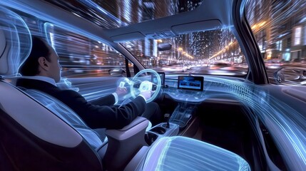 Interno di un'auto futuristica con tecnologia avanzata, rete digitale e design virtuale. Guida autonoma nella città notturna, dove innovazione e velocità si fondono.
