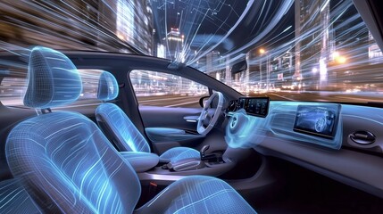 Interno di un'auto futuristica con tecnologia avanzata, rete digitale e design virtuale. Guida autonoma nella città notturna, dove innovazione e velocità si fondono.

