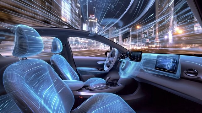 Interno di un'auto futuristica con tecnologia avanzata, rete digitale e design virtuale. Guida autonoma nella città notturna, dove innovazione e velocità si fondono.
