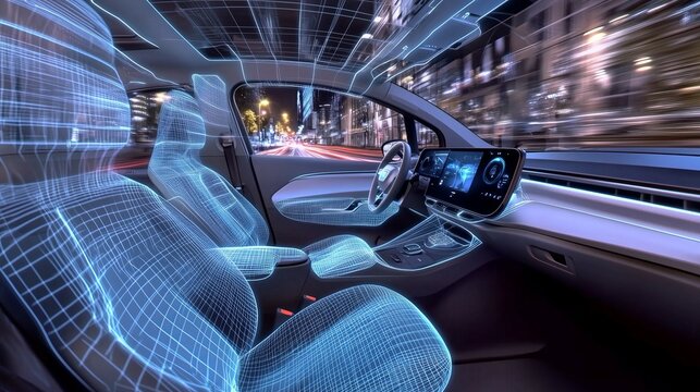 Interno di un'auto futuristica con tecnologia avanzata, rete digitale e design virtuale. Guida autonoma nella citt&agrave; notturna, dove innovazione e velocit&agrave; si fondono.
