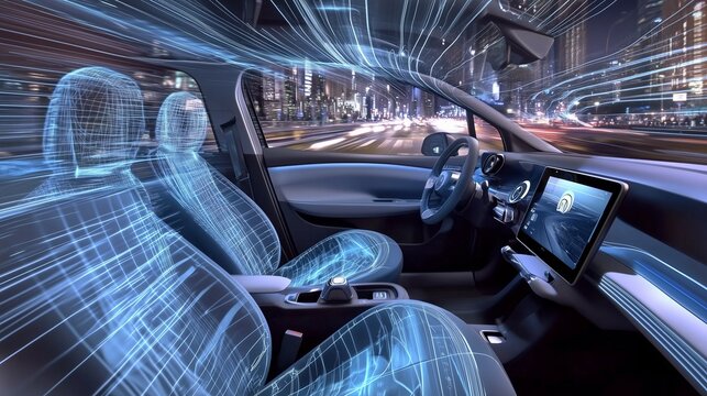 Interno di un'auto futuristica con tecnologia avanzata, rete digitale e design virtuale. Guida autonoma nella citt&agrave; notturna, dove innovazione e velocit&agrave; si fondono.

