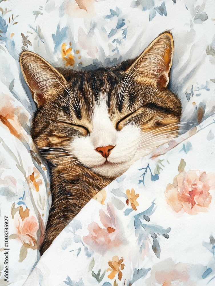 Poster a cozy sleeping cat nestled in a floral bedspread on a soft white background, enjoying peaceful slum