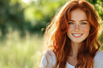 Naklejka premium Portrait of a Young Woman with Freckles, Blue Eyes, and a Radiant Smile in Soft Natural Light, Highlighting Her Youthful Beauty and Cheerful Expression