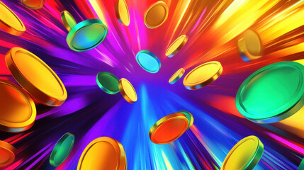 Colorful burst of 3D coins radiating in vibrant hues, creating dynamic and energetic visual effect. coins appear to float amidst backdrop of vivid colors, evoking sense of excitement and movement