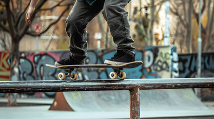 Skateboarder performing a trick on a rail in a city skate park with graffiti.