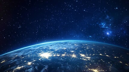 Obraz premium A breathtaking view of planet Earth from space reveals the vibrant glow of cities and regions illuminated by lights during the night.