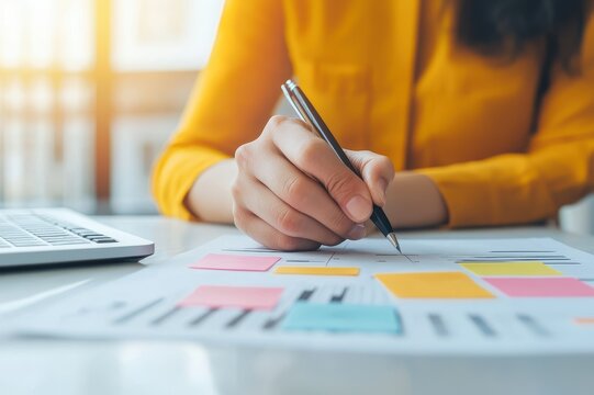 A person writing on sticky notes, planning and organizing tasks in a bright workspace.