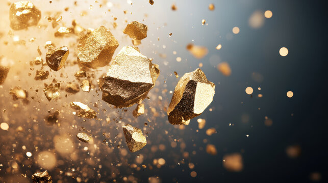 Golden fragments burst in vibrant explosion, creating stunning light effect that captivates viewer. shimmering pieces float gracefully, evoking sense of wonder and excitement