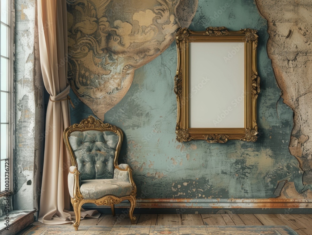 Wall mural Antique Chair and Empty Frame in Vintage Interior