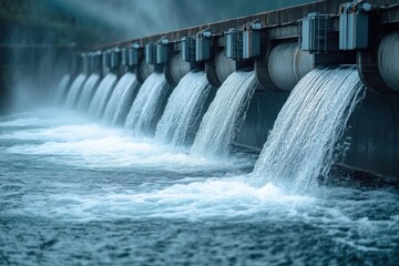 Water Flowing Through Industrial Dam Spillway