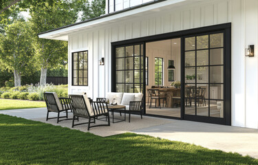Modern farmhouse patio with white chairs and a wooden table, sliding glass doors leading to the dining area