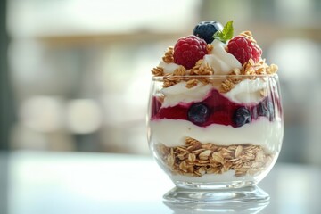 Delicious parfait layered with creamy yogurt, fresh berries, and granola on a sunny afternoon