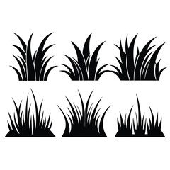 Minimalist Grass Silhouette in Black, Six Abstract Shapes for Meadows or Lawns, Flat Vector Graphics