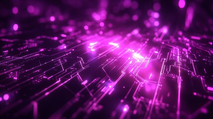 Purple neon light streaks radiate from the center against a dark background, creating a dynamic and futuristic atmosphere.