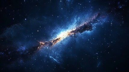 A captivating sky starry universe background features a dark blue galaxy space filled with twinkling stars and vibrant clouds of nebulae.