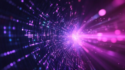 Obraz premium Purple neon light streaks radiate from the center against a dark background, creating a dynamic and futuristic atmosphere.