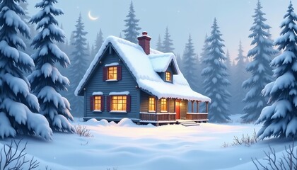 Snow-Covered Cabin with Warm Glowing Windows in a Peaceful Winter Forest