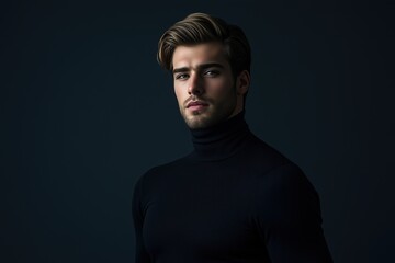 Naklejka premium Stylish man wearing a dark turtleneck against a minimalist background in a modern setting