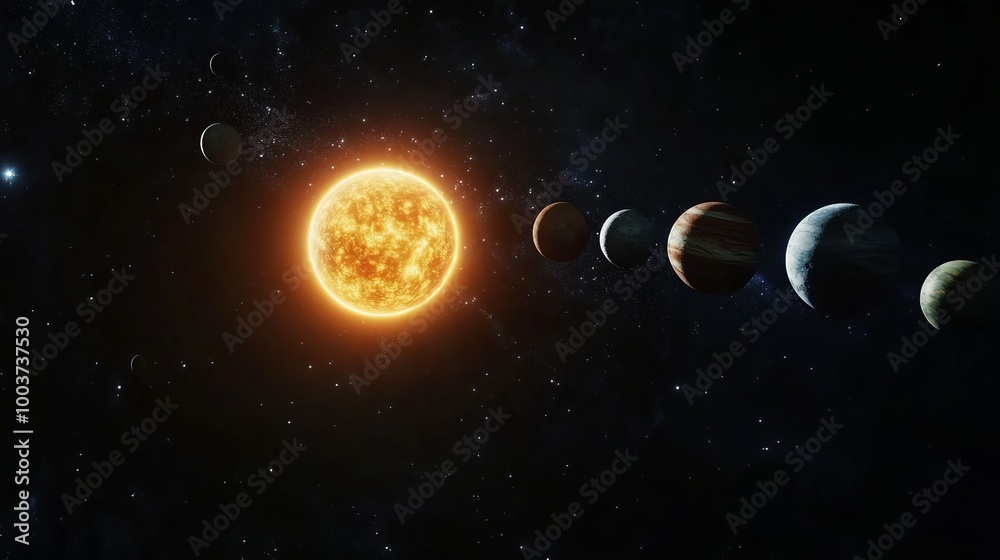 Wall mural a captivating model of a star system displays planets orbiting in perfect alignment in front of the 