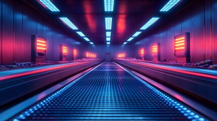 A sleek, futuristic food processing factory, AI-driven conveyor belt moving items through automated quality control systems, glowing digital displays tracking progress