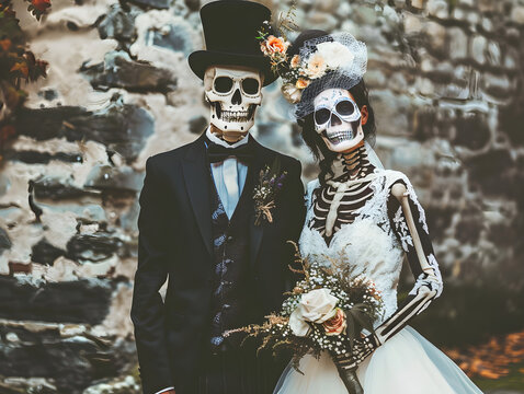 A spooky skeleton bride and groom smile for the camera on their wedding day.