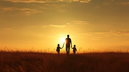 Silhouettes of a Family Walking into the Sunset
