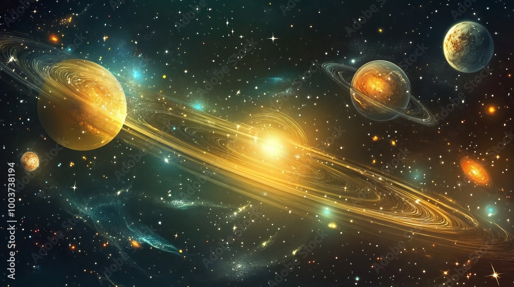 Poster a vibrant vector background depicts an abstract universe filled with colorful galaxies and glowing s