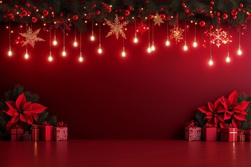 Red carpet with red flowers and red balls is laid out. balls are scattered throughout the carpet, creating a festive atmosphere. arrangement of the flowers. abstract background, holiday decoration