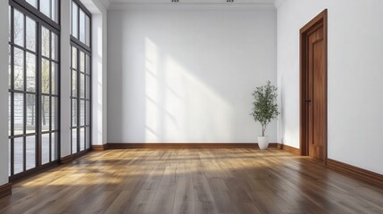 Bright Empty Room with Wood Trim and Large Windows