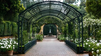 Naklejka premium a beautifully landscaped garden pathway. The path is covered by a metal archway structure with a transparent roof, creating a tunnel effect. 