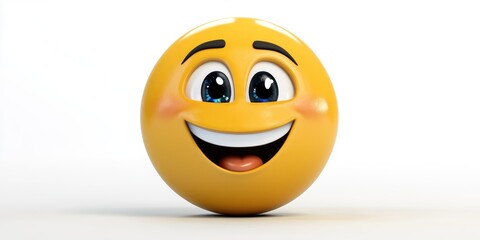 Fototapeta premium A cheerful yellow emoji with bright eyes and a wide smile radiates happiness against a simple white background, evoking joy and positivity in a playful design