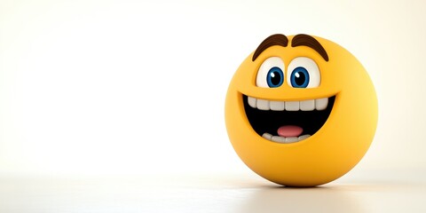 Obraz premium A joyful yellow emoji character grinning widely against a soft, light-colored background, radiating positivity and cheerfulness in a whimsical setting