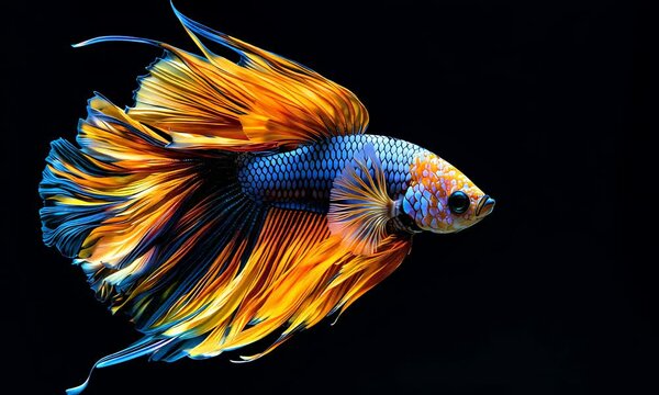 Vibrant Betta Splendor: A mesmerizing half-body shot of a betta fish, showcasing its radiant orange, blue, and yellow fins against a dramatic black background.