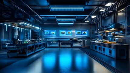 High-tech food factory with automated AI scanners, digital holograms display product quality data, minimalistic design, cold blue lighting, Sci-Fi, Ultra-realism